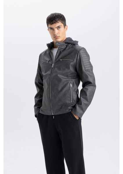 Su İtici Slim Fit Dar Kesim Çıkarılabilir Kapüşonlu Fermuarlı Cepli Suni Deri Ceket Mont R2523AZ25SP