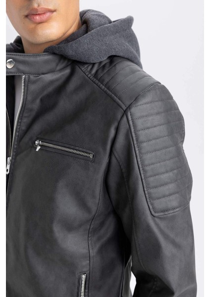 Su İtici Slim Fit Dar Kesim Çıkarılabilir Kapüşonlu Fermuarlı Cepli Suni Deri Ceket Mont R2523AZ25SP