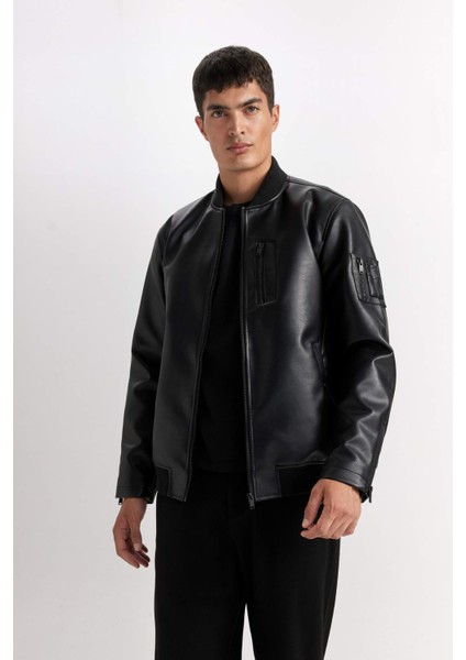 Su İtici Bomber Kolej Yaka Fermuarlı Cepli Suni Deri Mevsimlik Mont D6245AX25SP