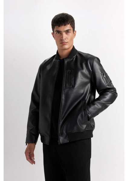 Su İtici Bomber Kolej Yaka Fermuarlı Cepli Suni Deri Mevsimlik Mont D6245AX25SP