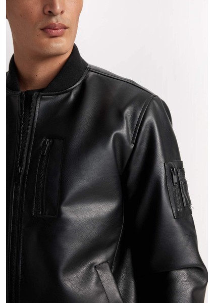 Su İtici Bomber Kolej Yaka Fermuarlı Cepli Suni Deri Mevsimlik Mont D6245AX25SP