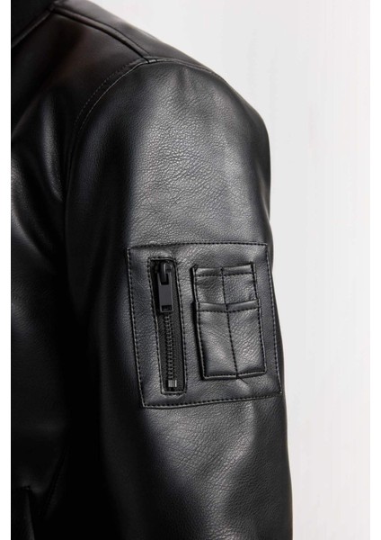 Su İtici Bomber Kolej Yaka Fermuarlı Cepli Suni Deri Mevsimlik Mont D6245AX25SP