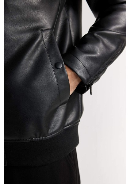 Su İtici Bomber Kolej Yaka Fermuarlı Cepli Suni Deri Mevsimlik Mont D6245AX25SP