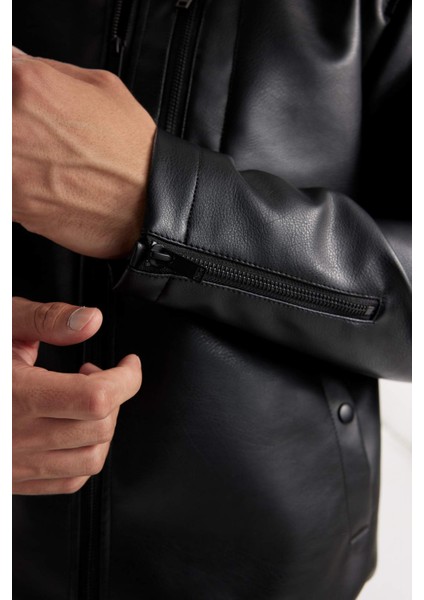 Su İtici Bomber Kolej Yaka Fermuarlı Cepli Suni Deri Mevsimlik Mont D6245AX25SP