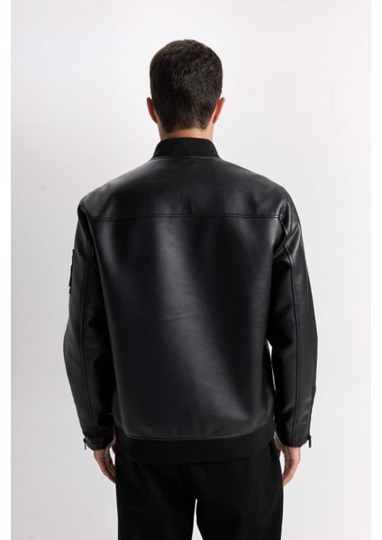 Su İtici Bomber Kolej Yaka Fermuarlı Cepli Suni Deri Mevsimlik Mont D6245AX25SP