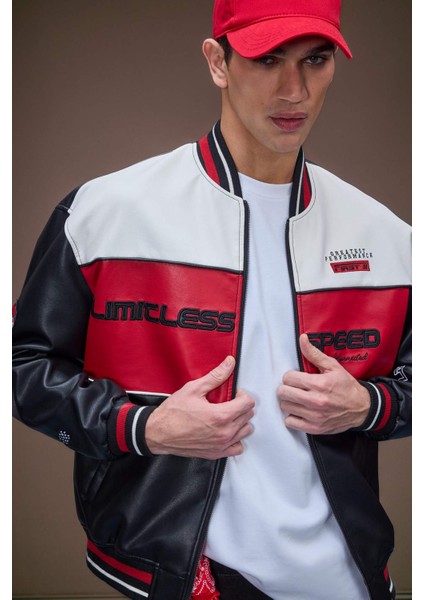 Su İtici Oversize Geniş Kalıp Bomber Kolej Yaka Fermuarlı Cepli Suni Deri Mevsimlik Mont D6243AX25SP