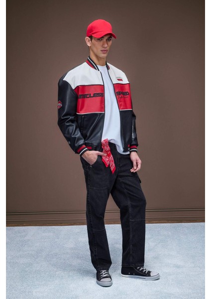 Su İtici Oversize Geniş Kalıp Bomber Kolej Yaka Fermuarlı Cepli Suni Deri Mevsimlik Mont D6243AX25SP