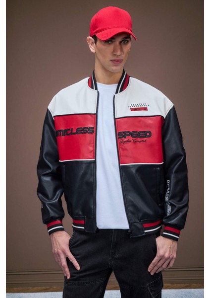 Su İtici Oversize Geniş Kalıp Bomber Kolej Yaka Fermuarlı Cepli Suni Deri Mevsimlik Mont D6243AX25SP