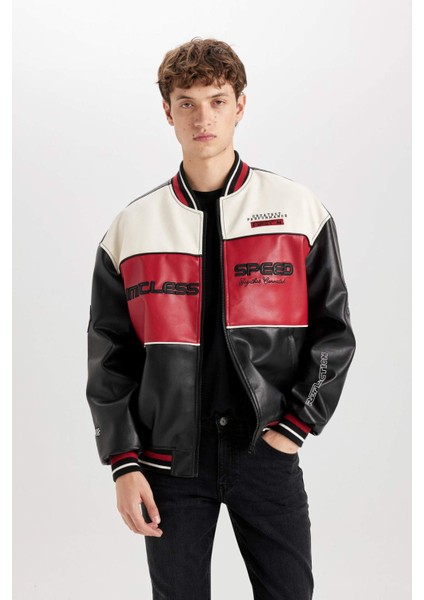 Su İtici Oversize Geniş Kalıp Bomber Kolej Yaka Fermuarlı Cepli Suni Deri Mevsimlik Mont D6243AX25SP