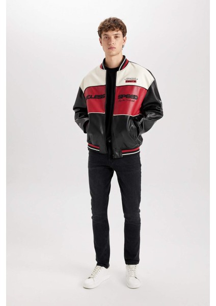 Su İtici Oversize Geniş Kalıp Bomber Kolej Yaka Fermuarlı Cepli Suni Deri Mevsimlik Mont D6243AX25SP