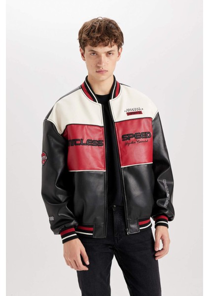 Su İtici Oversize Geniş Kalıp Bomber Kolej Yaka Fermuarlı Cepli Suni Deri Mevsimlik Mont D6243AX25SP