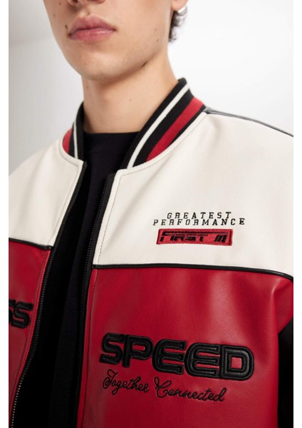 Su İtici Oversize Geniş Kalıp Bomber Kolej Yaka Fermuarlı Cepli Suni Deri Mevsimlik Mont D6243AX25SP