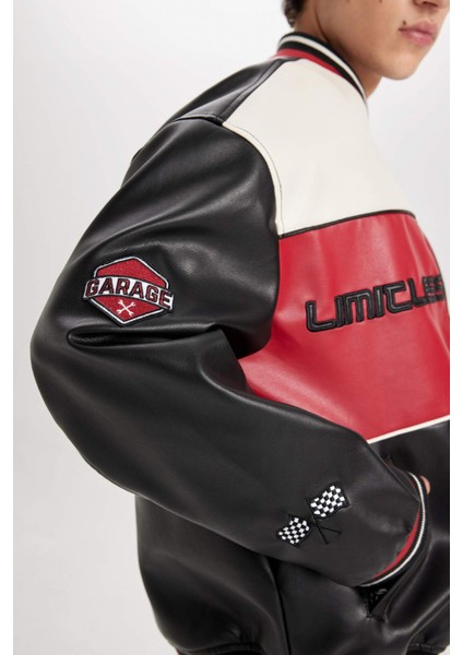 Su İtici Oversize Geniş Kalıp Bomber Kolej Yaka Fermuarlı Cepli Suni Deri Mevsimlik Mont D6243AX25SP