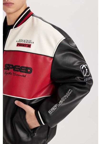 Su İtici Oversize Geniş Kalıp Bomber Kolej Yaka Fermuarlı Cepli Suni Deri Mevsimlik Mont D6243AX25SP