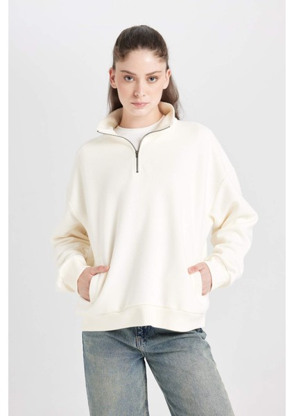 Oversize Geniş Kalıp Fermuarlı Dik Yaka Cepli Basic Düz Kalın Sweatshirt D7206AX24WN