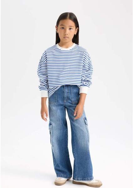 Kız Çocuk Relax Fit Bisiklet Yaka Çizgili Sweatshirt D6503A8NS