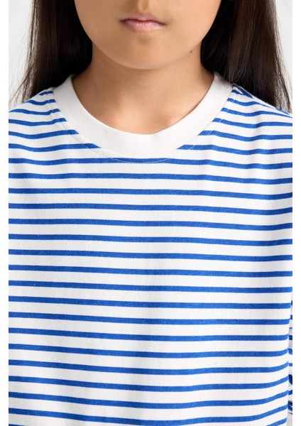 Kız Çocuk Relax Fit Bisiklet Yaka Çizgili Sweatshirt D6503A8NS