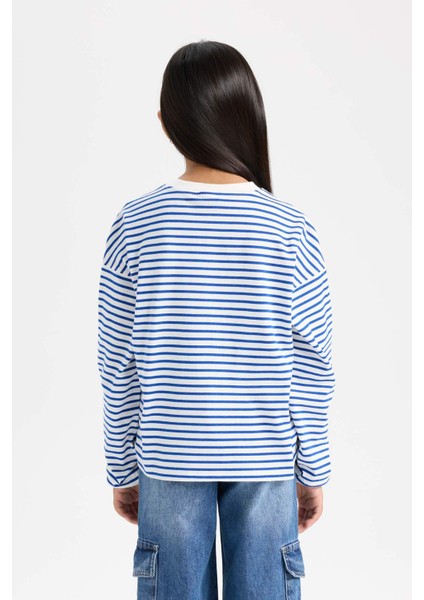 Kız Çocuk Relax Fit Bisiklet Yaka Çizgili Sweatshirt D6503A8NS