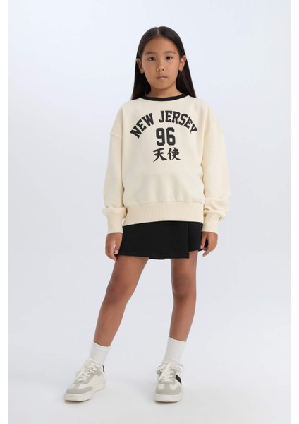 Kız Çocuk 2'li Takım Baskılı Sweatshirt Şort Etek D6454A8NS