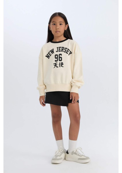 Kız Çocuk 2'li Takım Baskılı Sweatshirt Şort Etek D6454A8NS