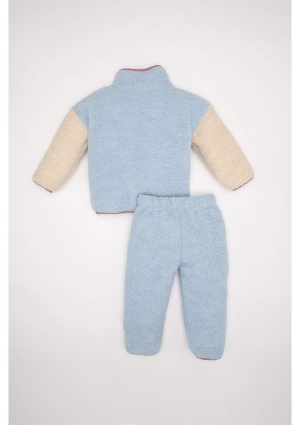 Kız Bebek 2'li Takım Pelüş Fermuarlı Dik Yaka Sweatshirt Beli Lastikli Alt