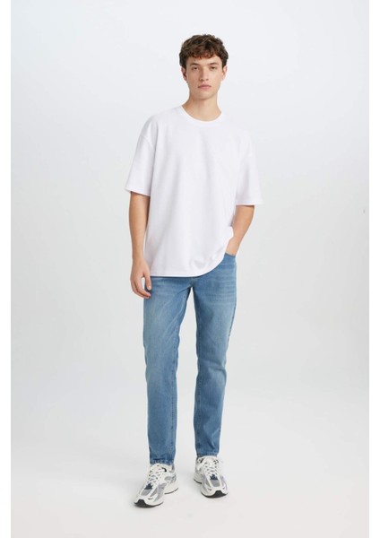 Oversize Geniş Kalıp Ütü Gerektirmeyen Bisiklet Yaka Kısa Kollu Basic Düz Ağır Kumaş Beyaz Tişört X3926AZ25SP