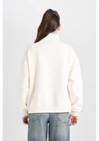 Oversize Geniş Kalıp Fermuarlı Dik Yaka Cepli Basic Düz Kalın Sweatshirt D7206AX24WN