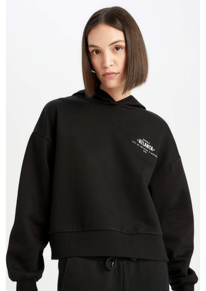 Boxy Fit Kapüşonlu Baskılı Kalın Siyah Sweatshirt D6717AX24WN