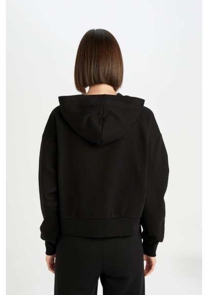 Boxy Fit Kapüşonlu Baskılı Kalın Siyah Sweatshirt D6717AX24WN
