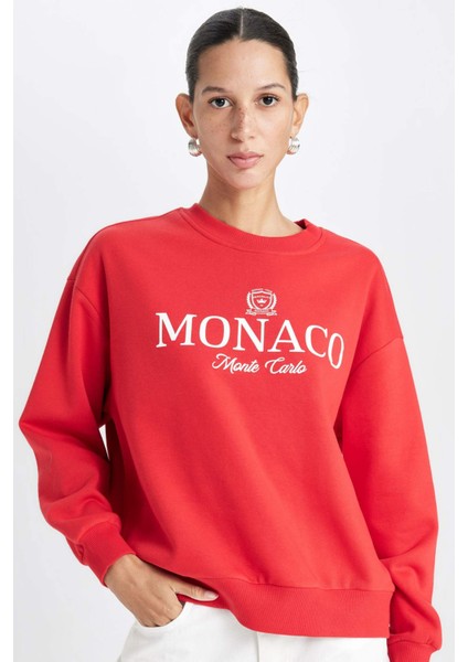 Relax Fit Bisiklet Yaka Baskılı Kalın Kırmızı Sweatshirt D6715AX24WN