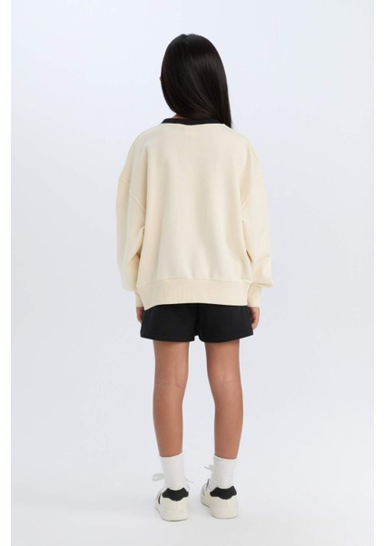 Kız Çocuk 2'li Takım Baskılı Sweatshirt Şort Etek D6454A8NS