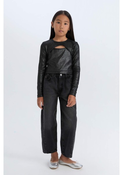 Kız Çocuk Slim Fit Dar Kesim Bisiklet Yaka Parlak Kumaş Fitilli Kaşkorse Uzun Kollu Tişört D5419A824WN