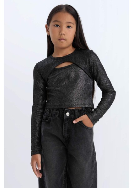 Kız Çocuk Slim Fit Dar Kesim Bisiklet Yaka Parlak Kumaş Fitilli Kaşkorse Uzun Kollu Tişört D5419A824WN