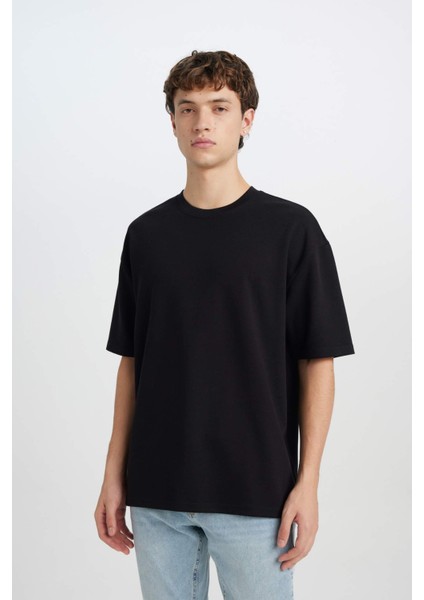 Oversize Geniş Kalıp Ütü Gerektirmeyen Bisiklet Yaka Kısa Kollu Basic Düz Ağır Kumaş Siyah Tişört X3926AZ25SP