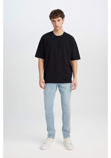 Oversize Geniş Kalıp Ütü Gerektirmeyen Bisiklet Yaka Kısa Kollu Basic Düz Ağır Kumaş Siyah Tişört X3926AZ25SP