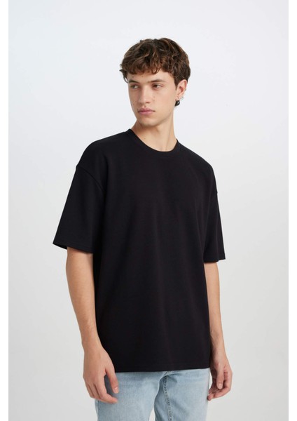 Oversize Geniş Kalıp Ütü Gerektirmeyen Bisiklet Yaka Kısa Kollu Basic Düz Ağır Kumaş Siyah Tişört X3926AZ25SP