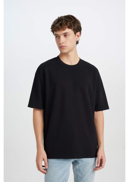 Oversize Geniş Kalıp Ütü Gerektirmeyen Bisiklet Yaka Kısa Kollu Basic Düz Ağır Kumaş Siyah Tişört X3926AZ25SP