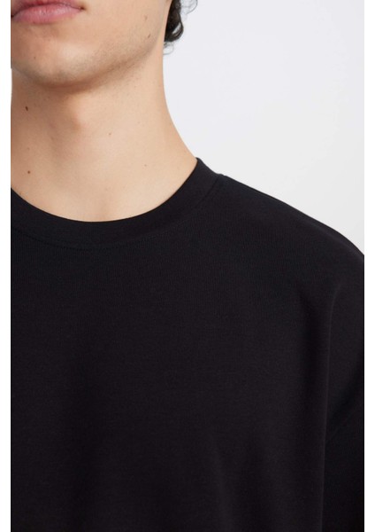 Oversize Geniş Kalıp Ütü Gerektirmeyen Bisiklet Yaka Kısa Kollu Basic Düz Ağır Kumaş Siyah Tişört X3926AZ25SP