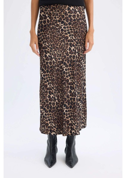 A Kesim Leopar Desenli Normal Bel Saten Midi Etek D7648AX24AU