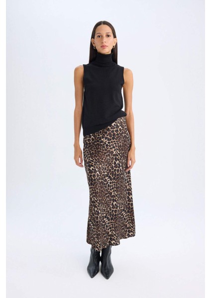 A Kesim Leopar Desenli Normal Bel Saten Midi Etek D7648AX24AU