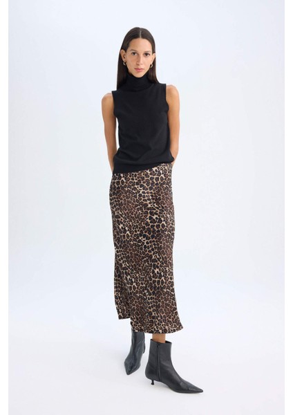 A Kesim Leopar Desenli Normal Bel Saten Midi Etek D7648AX24AU