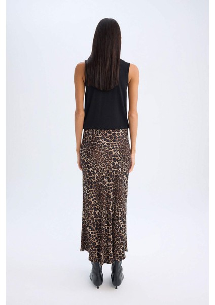 A Kesim Leopar Desenli Normal Bel Saten Midi Etek D7648AX24AU