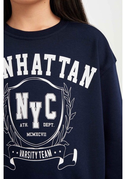 Kız Çocuk Relax Fit Bisiklet Yaka Baskılı Sweatshirt D6493A8NS