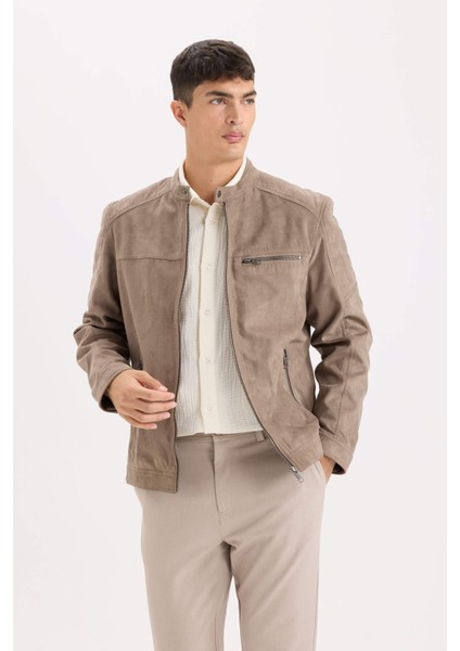 Slim Fit Dar Kesim Dik Yaka Fermuarlı Süet Görünümlü Mevsimlik Baharlık Mont D5977AX25SP
