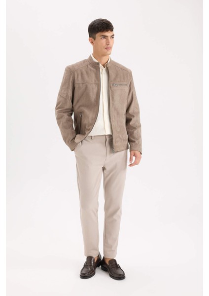Slim Fit Dar Kesim Dik Yaka Fermuarlı Süet Görünümlü Mevsimlik Baharlık Mont D5977AX25SP