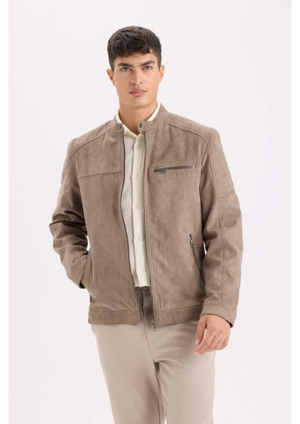 Slim Fit Dar Kesim Dik Yaka Fermuarlı Süet Görünümlü Mevsimlik Baharlık Mont D5977AX25SP