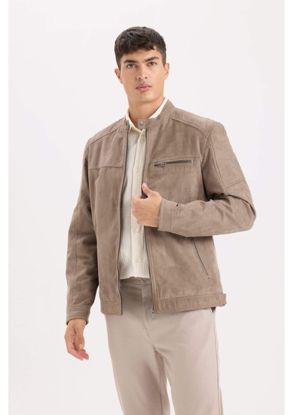 Slim Fit Dar Kesim Dik Yaka Fermuarlı Süet Görünümlü Mevsimlik Baharlık Mont D5977AX25SP