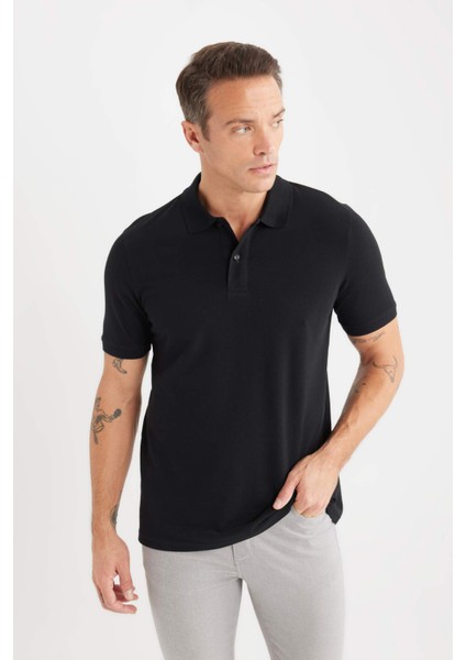 %100 Pamuk Regular Fit Polo Yaka Kısa Kollu Basic Düz Pike Kumaş Siyah Tişört C1293AX25SP