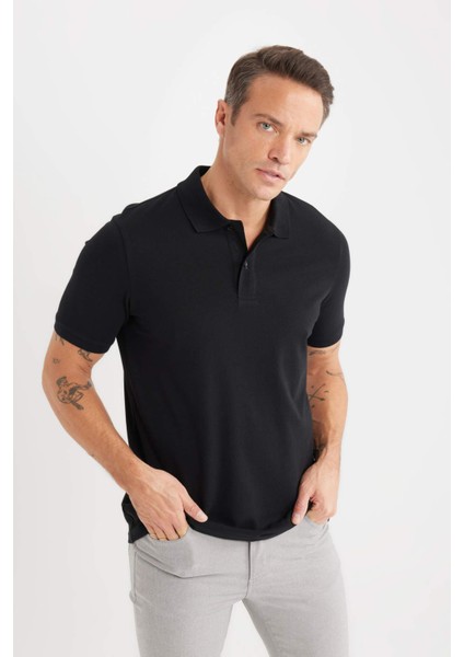 %100 Pamuk Regular Fit Polo Yaka Kısa Kollu Basic Düz Pike Kumaş Siyah Tişört C1293AX25SP