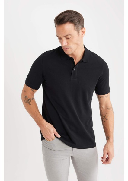 %100 Pamuk Regular Fit Polo Yaka Kısa Kollu Basic Düz Pike Kumaş Siyah Tişört C1293AX25SP